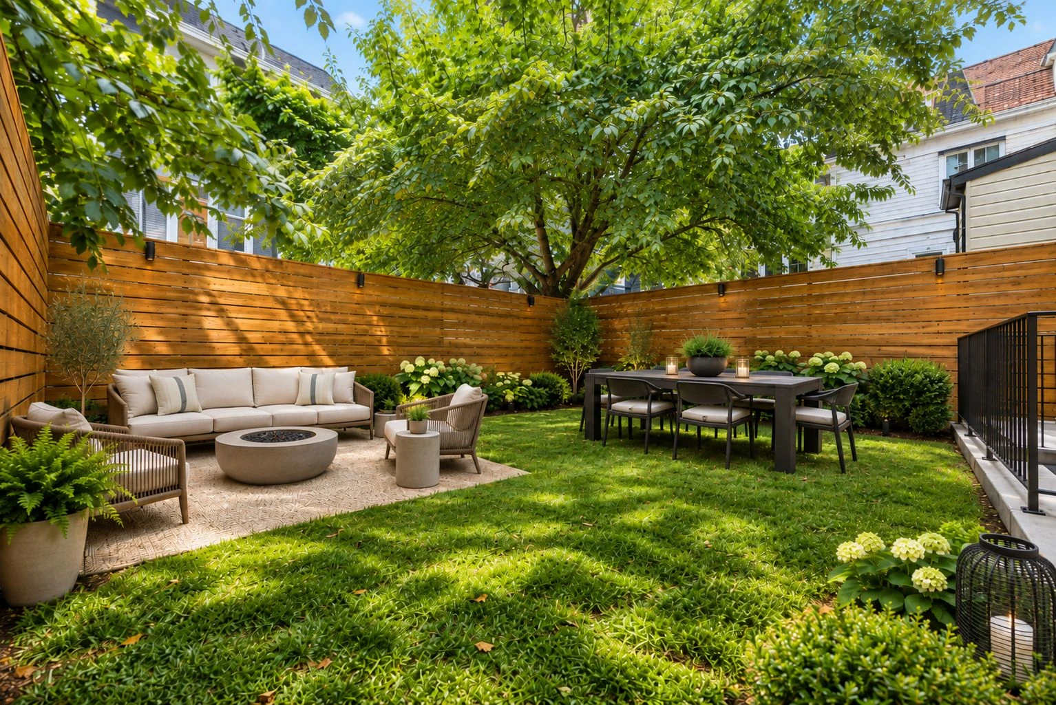 Developer illustration of a planted private garden with outdoor seating at 1019 Hancock Street #1B