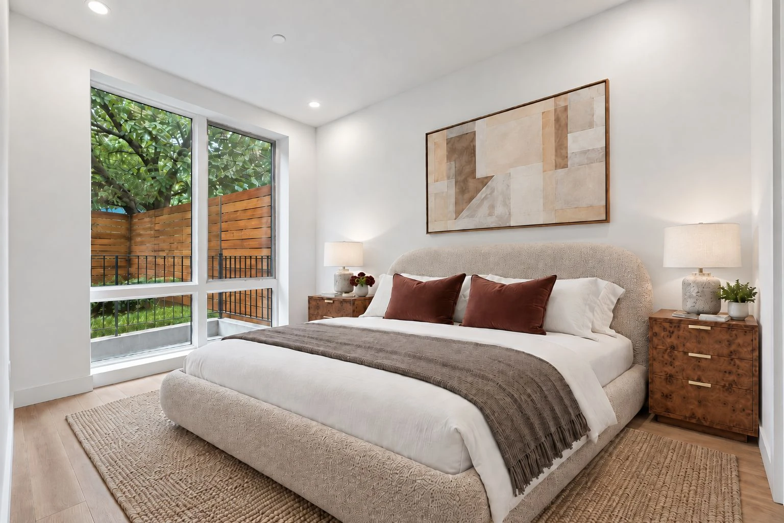 Developer illustration of a bedroom facing garden planting at 1019 Hancock Street #1B