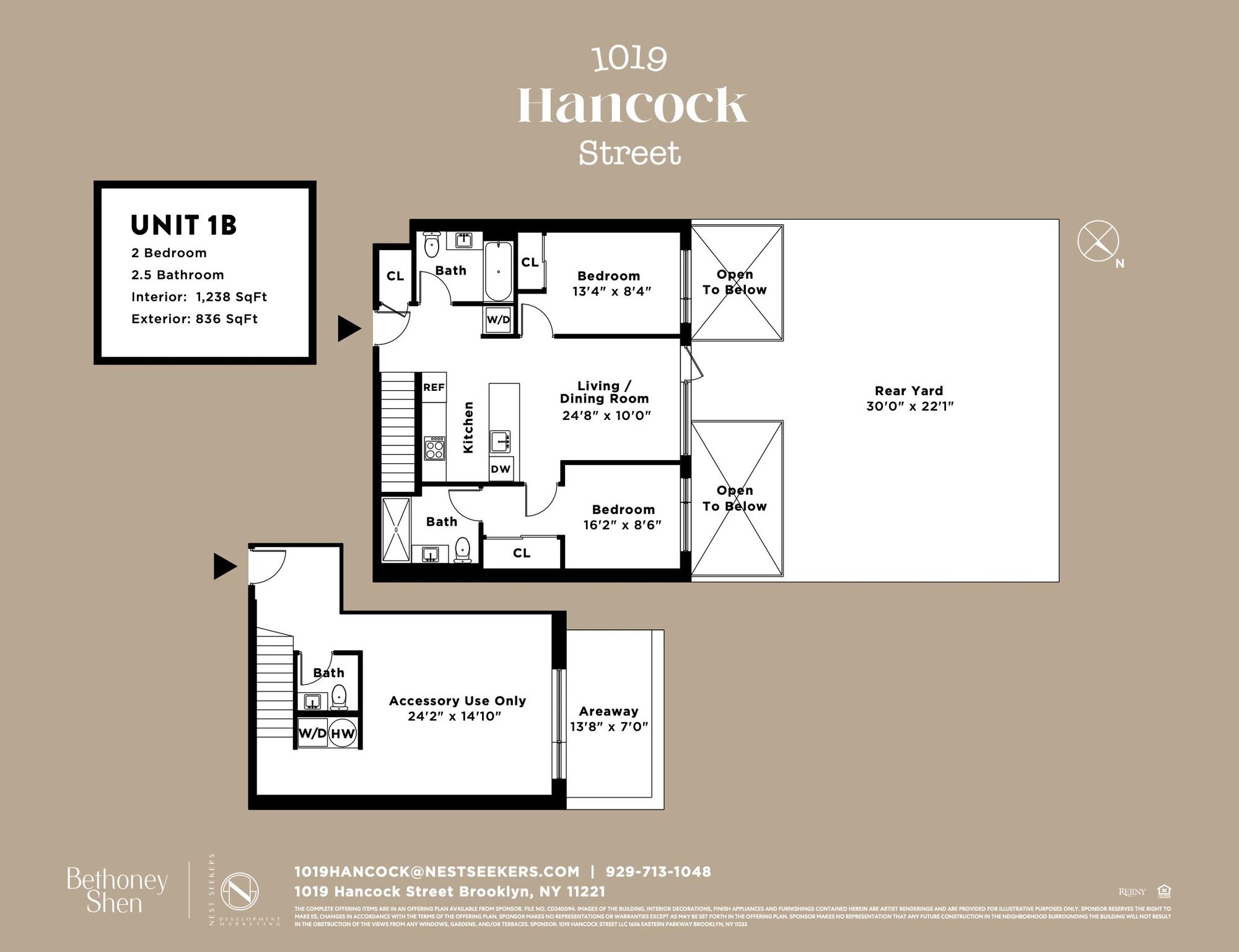 Unit 1B plan with two main-level bedrooms and full baths and lower accessory-use space with a powder room; source rendering disclaimer retained at 1019 Hancock Street #1B