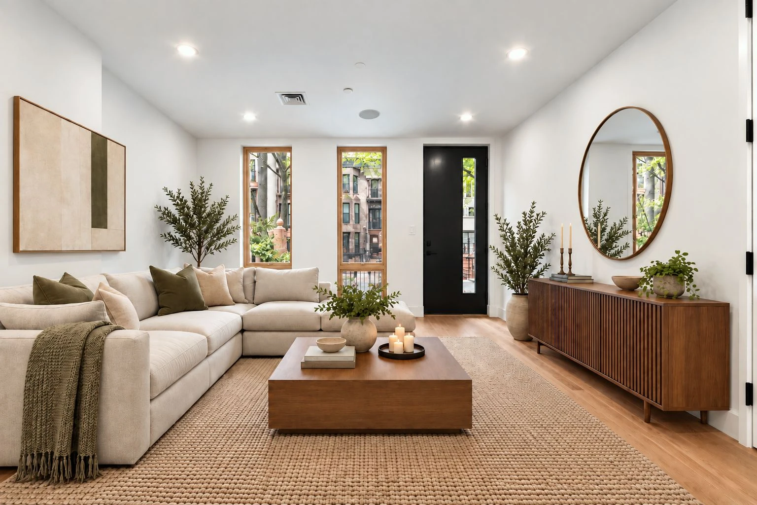 Developer illustration of a living room with pale wood flooring and tall garden doors at 696 Chauncey Street #1