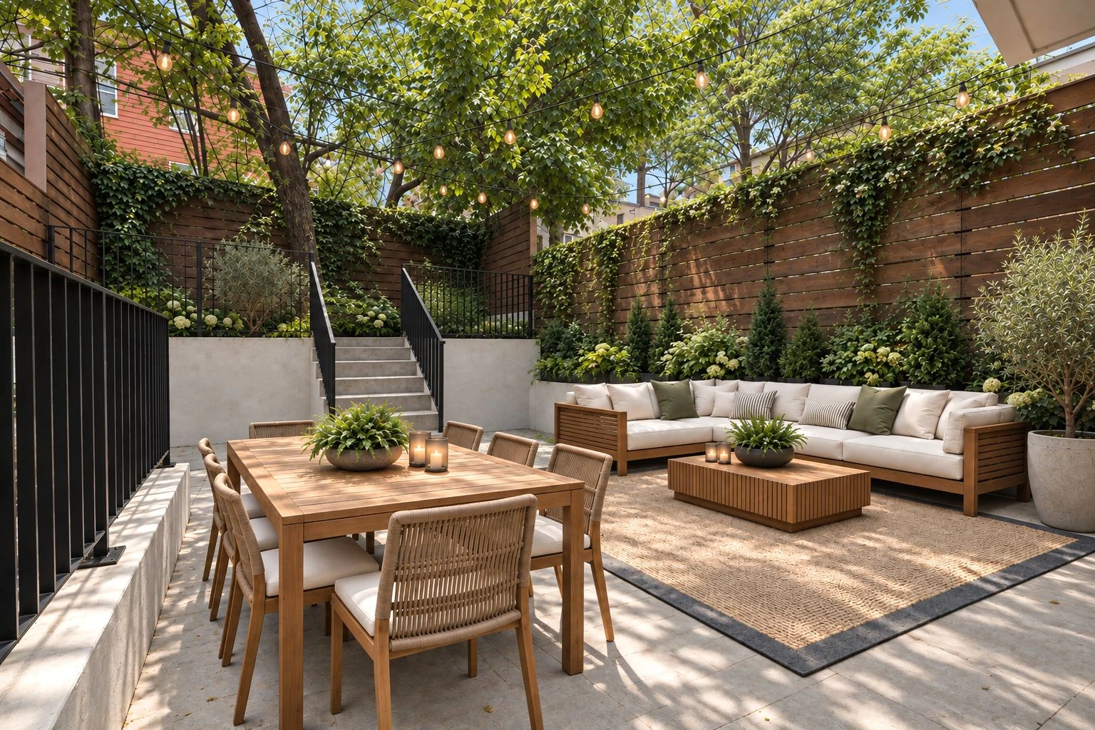 Developer illustration of a private garden with dining and lounge seating at 696 Chauncey Street #1