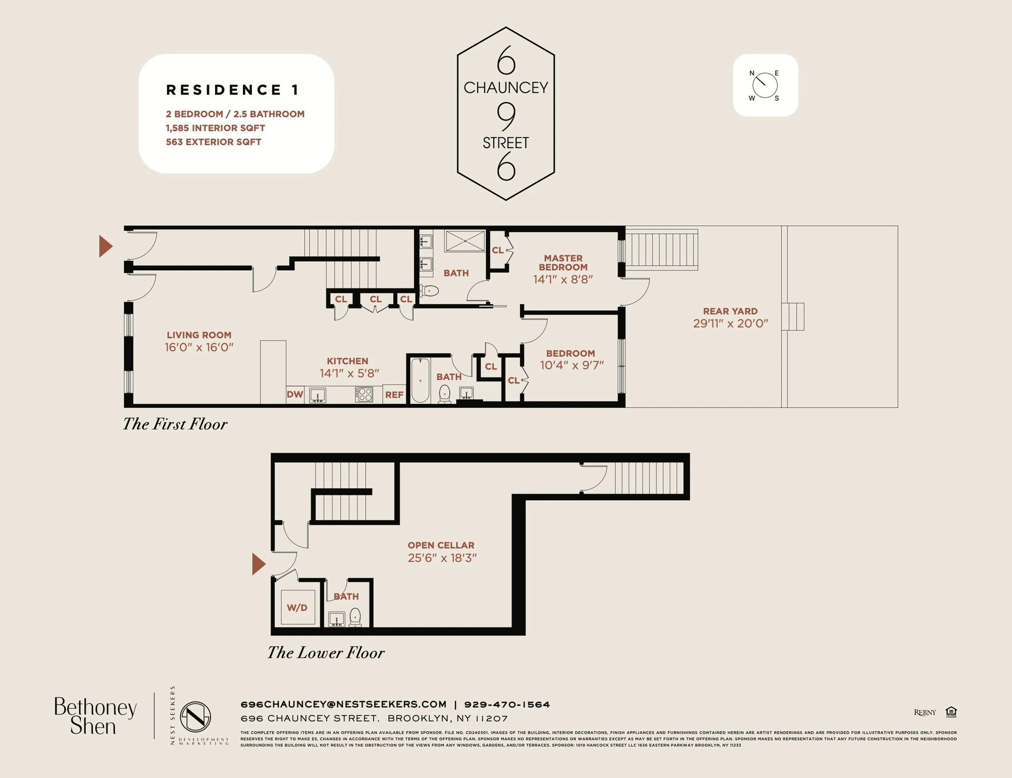 Residence 1 plan showing two first-floor bedrooms and full baths above an open cellar and powder room; source rendering disclaimer retained at 696 Chauncey Street #1