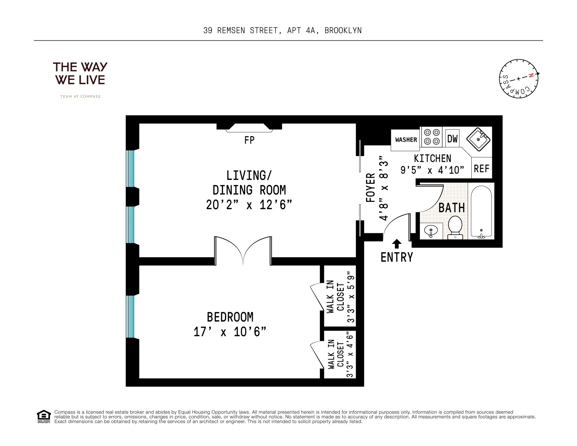 Listing-supplied 4A plan with one bedroom, living and dining room, kitchen and bathroom at 39 Remsen Street #4A