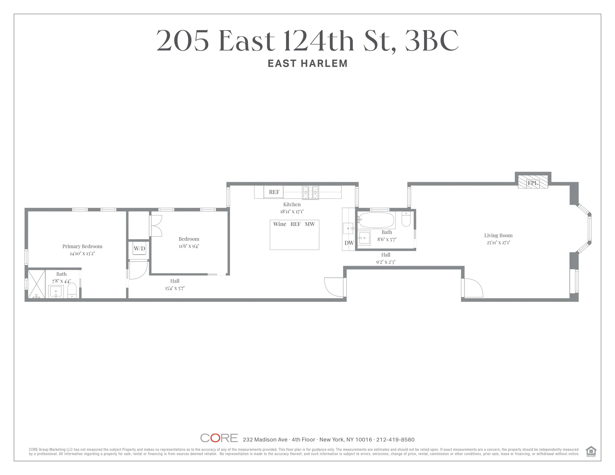 Broker plan titled 205 East 124th Street 3BC showing two bedrooms and two baths at 205 East 124th Street #3BC