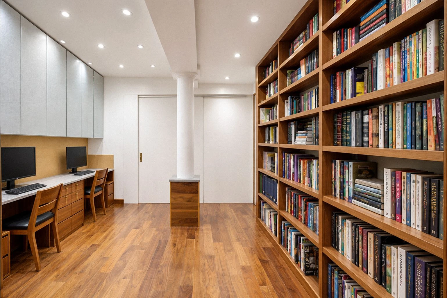 Two desk positions beside a tall bookcase in the home office at 257 West 117th Street #1E