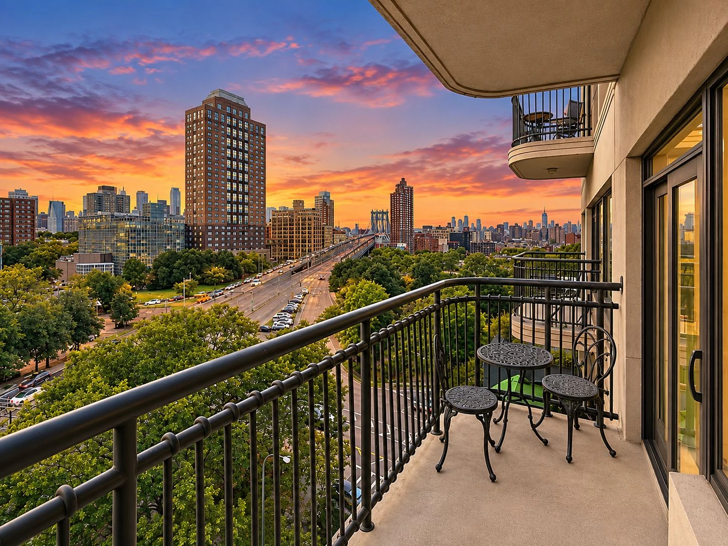 Private balcony with a small table and a sunset view beyond the railing at 197 Bridge Street #8C