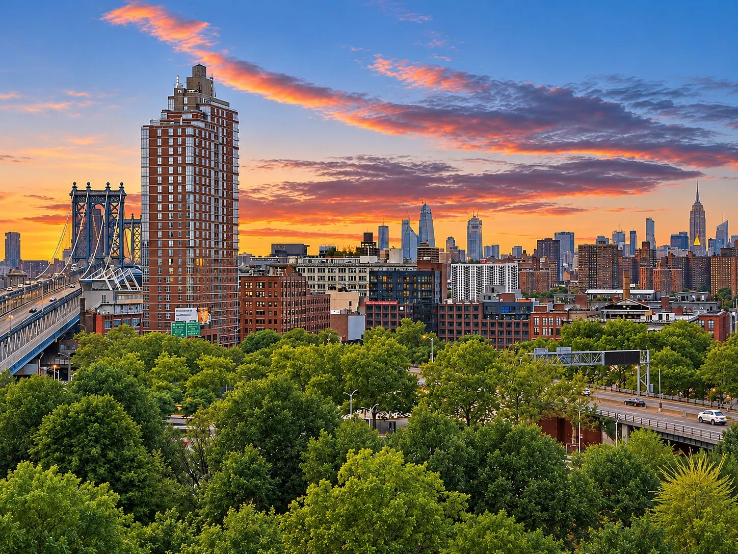 Manhattan Bridge and Manhattan skyline beyond the trees beside the balcony at 197 Bridge Street #8C