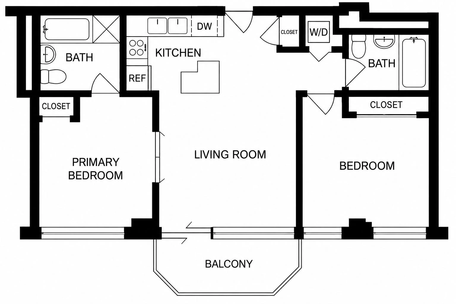 Listing-supplied 8C plan with bedrooms on opposite sides of the living room and two full baths at 197 Bridge Street #8C