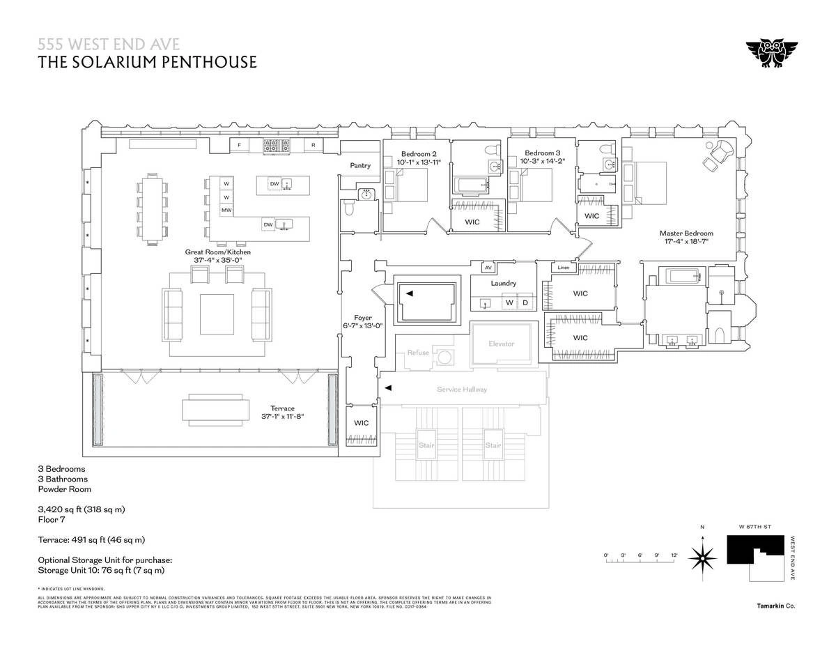 Floor plan for the three-bedroom Solarium Penthouse and its terrace